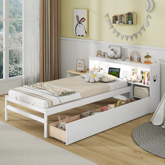 Twin Bed with LED Light, Storage Headboard, Built-in Nightstand and Drawers White