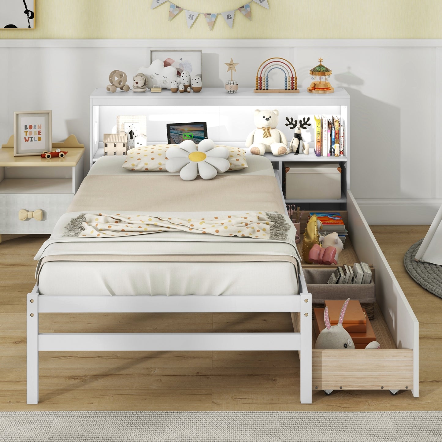 Twin Bed with LED Light, Storage Headboard, Built-in Nightstand and Drawers White