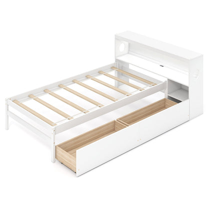 Twin Bed with LED Light, Storage Headboard, Built-in Nightstand and Drawers White