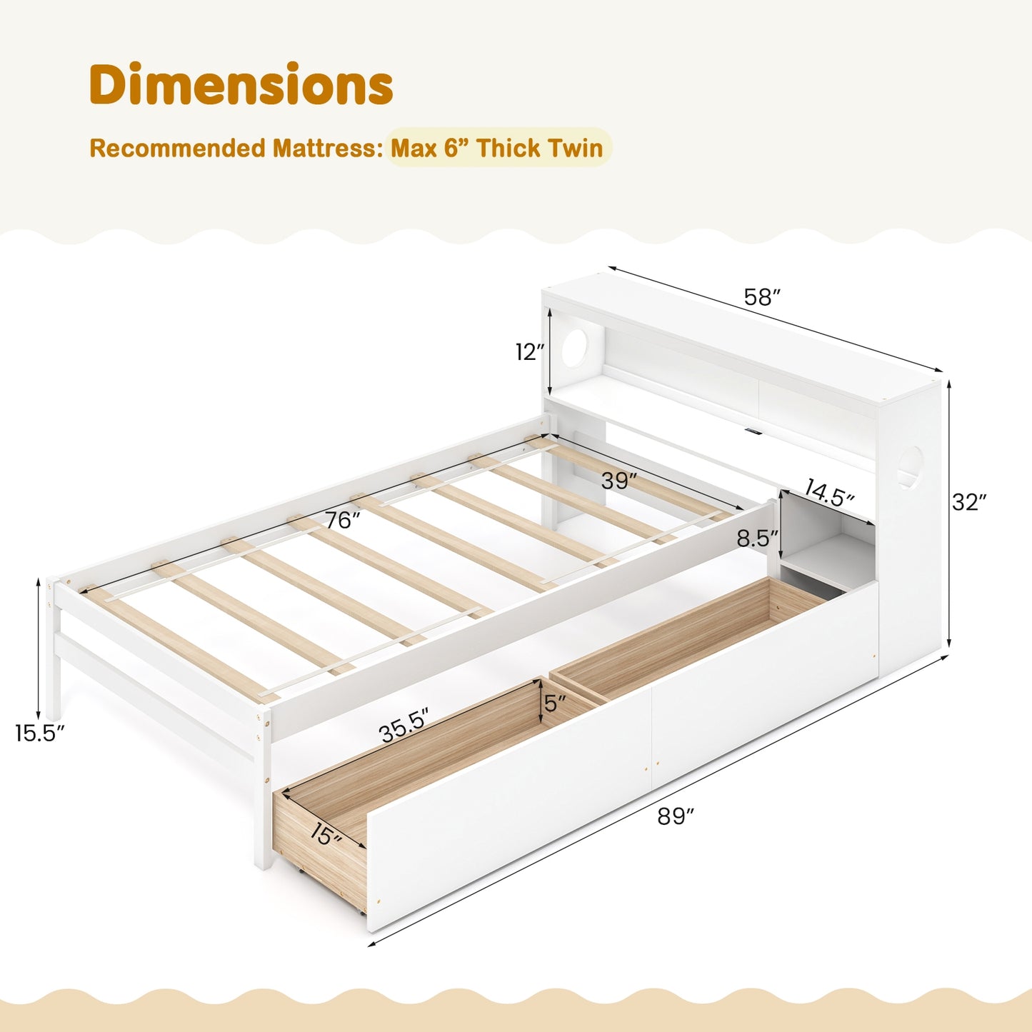 Twin Bed with LED Light, Storage Headboard, Built-in Nightstand and Drawers White