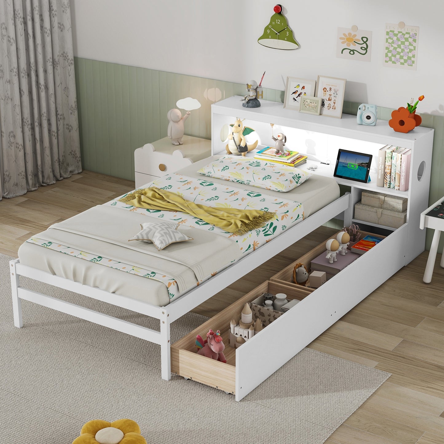 Twin Bed with LED Light, Storage Headboard, Built-in Nightstand and Drawers White