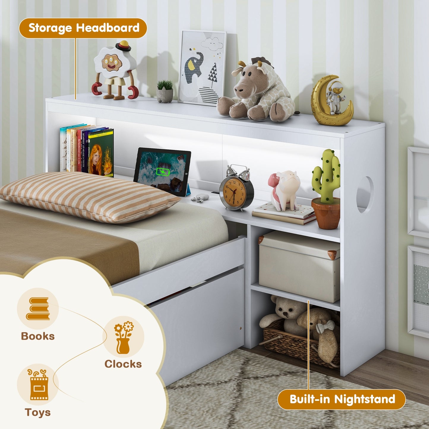 Twin Bed with LED Light, Storage Headboard, Built-in Nightstand and Drawers White