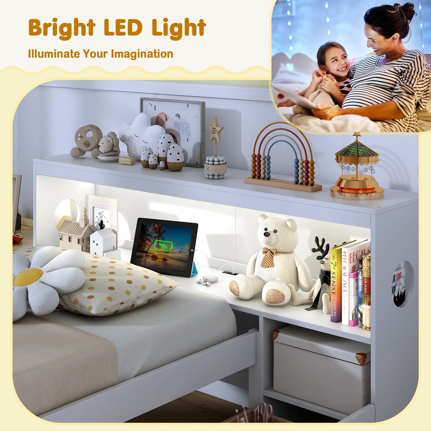 Twin Bed with LED Light, Storage Headboard, Built-in Nightstand and Drawers White