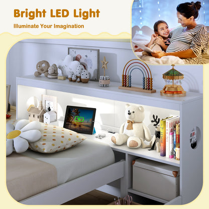 Twin Bed with LED Light, Storage Headboard, Built-in Nightstand and Drawers White