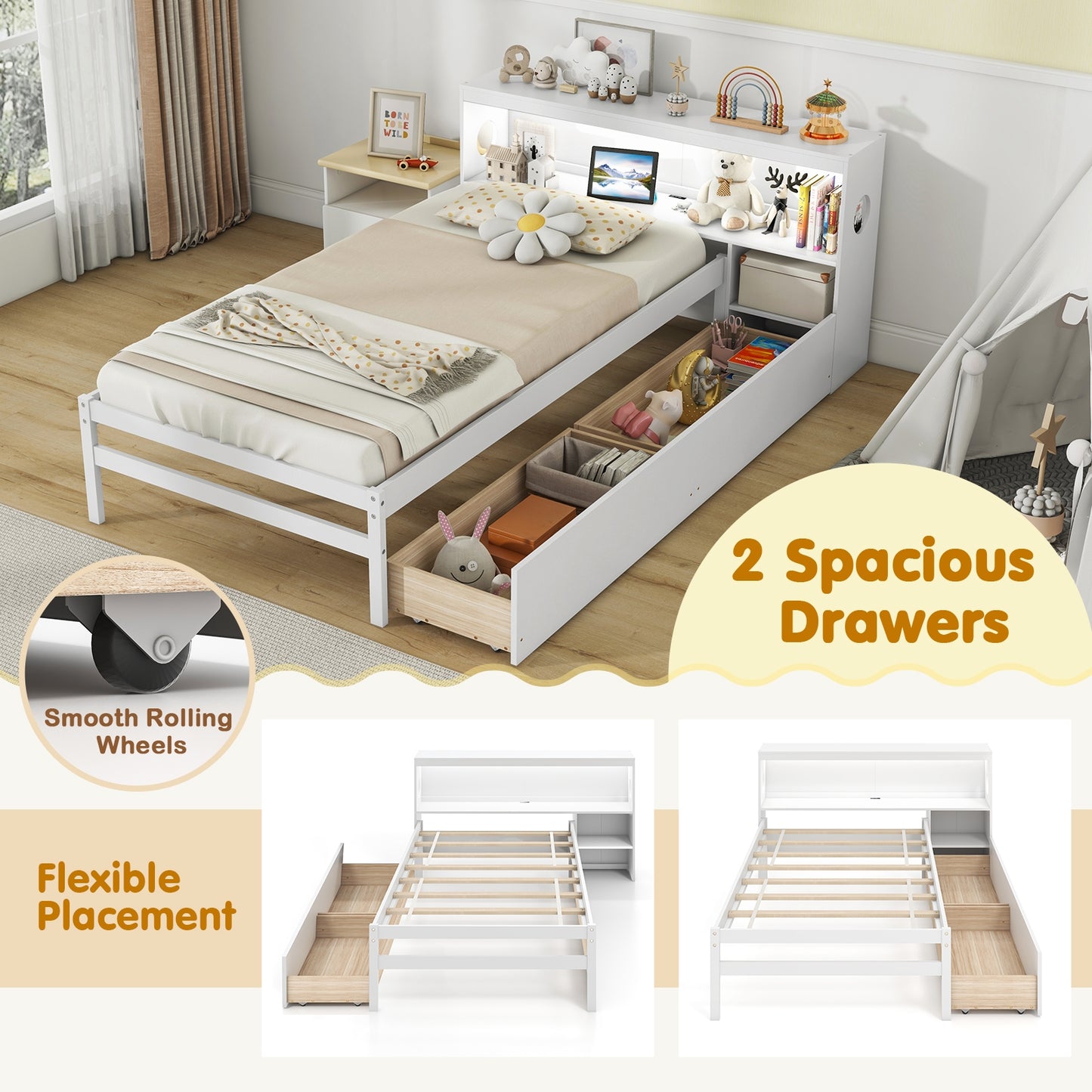 Twin Bed with LED Light, Storage Headboard, Built-in Nightstand and Drawers White