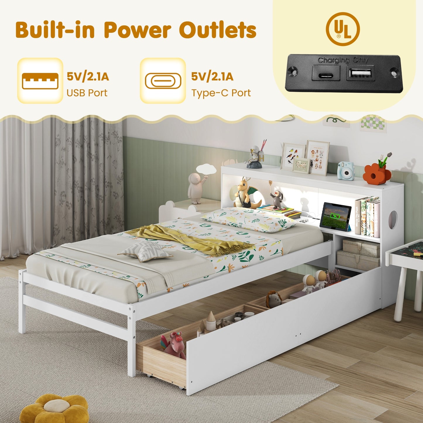 Twin Bed with LED Light, Storage Headboard, Built-in Nightstand and Drawers White