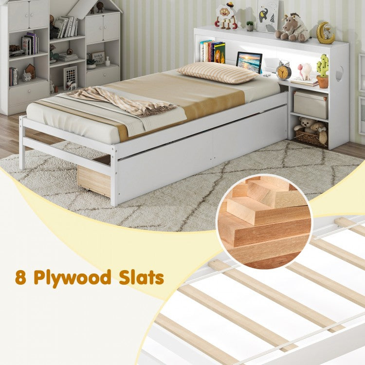 Twin Bed with LED Light, Storage Headboard, Built-in Nightstand and Drawers White