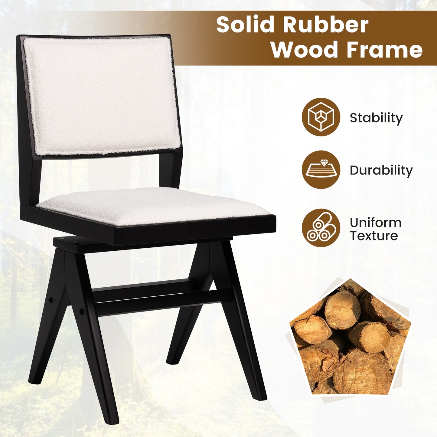 360 Degree Swivel Dining Chairs with Faux Sherpa Upholstery and Solid Rubber Wood Frame, Set of 2