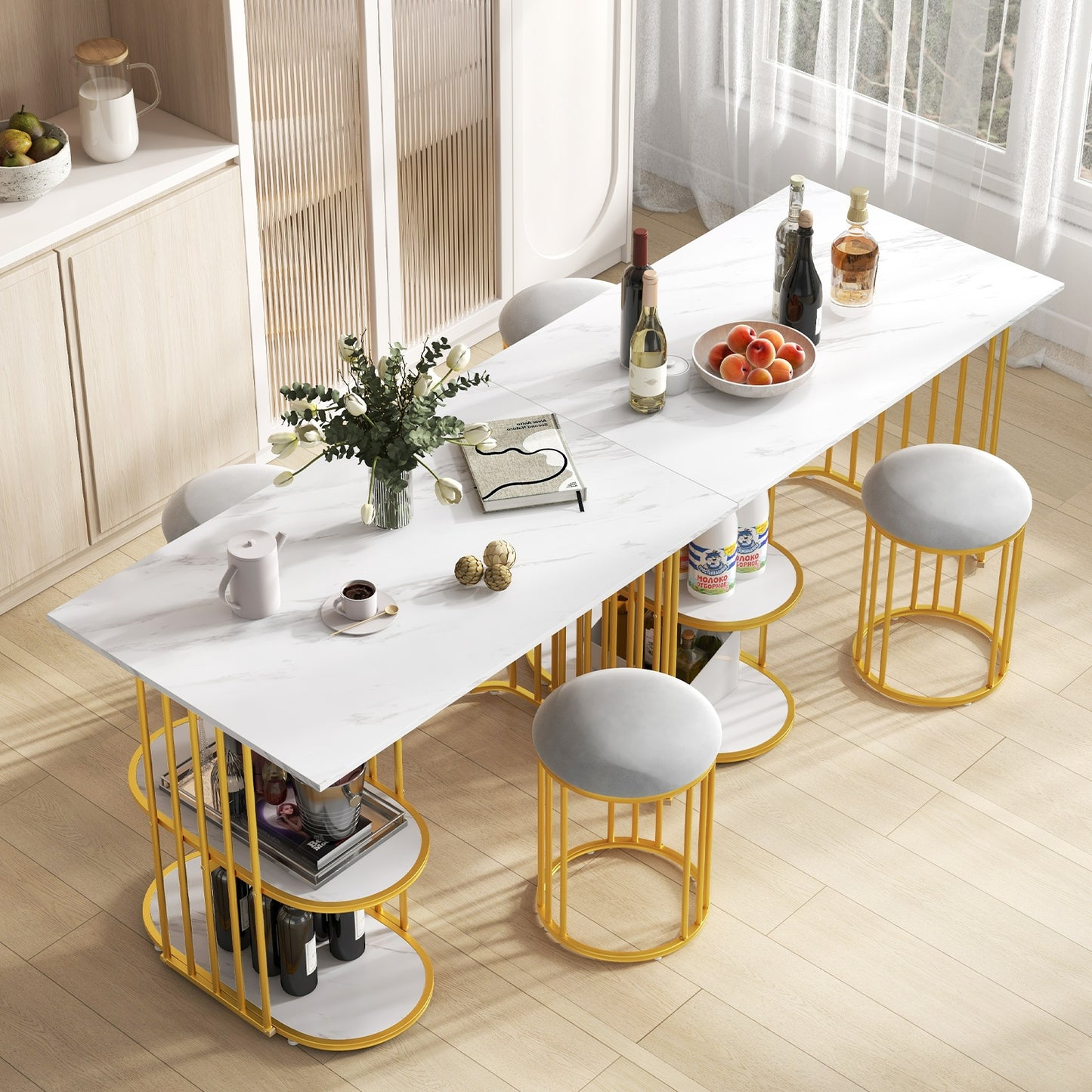 Modern Rectangular Dining Table with Dual Storage Shelves and Seating for Two for Stylish Dining Rooms