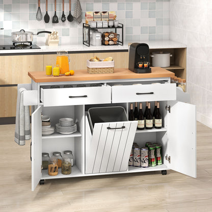 Rolling Kitchen Island Cart with Trash Cabinet Storage Drawers Adjustable Shelves and Spice Rack - White