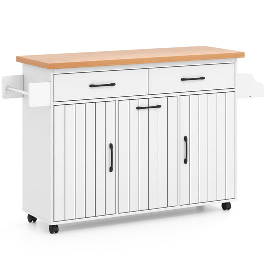Rolling Kitchen Island Cart with Trash Cabinet Storage Drawers Adjustable Shelves and Spice Rack - White