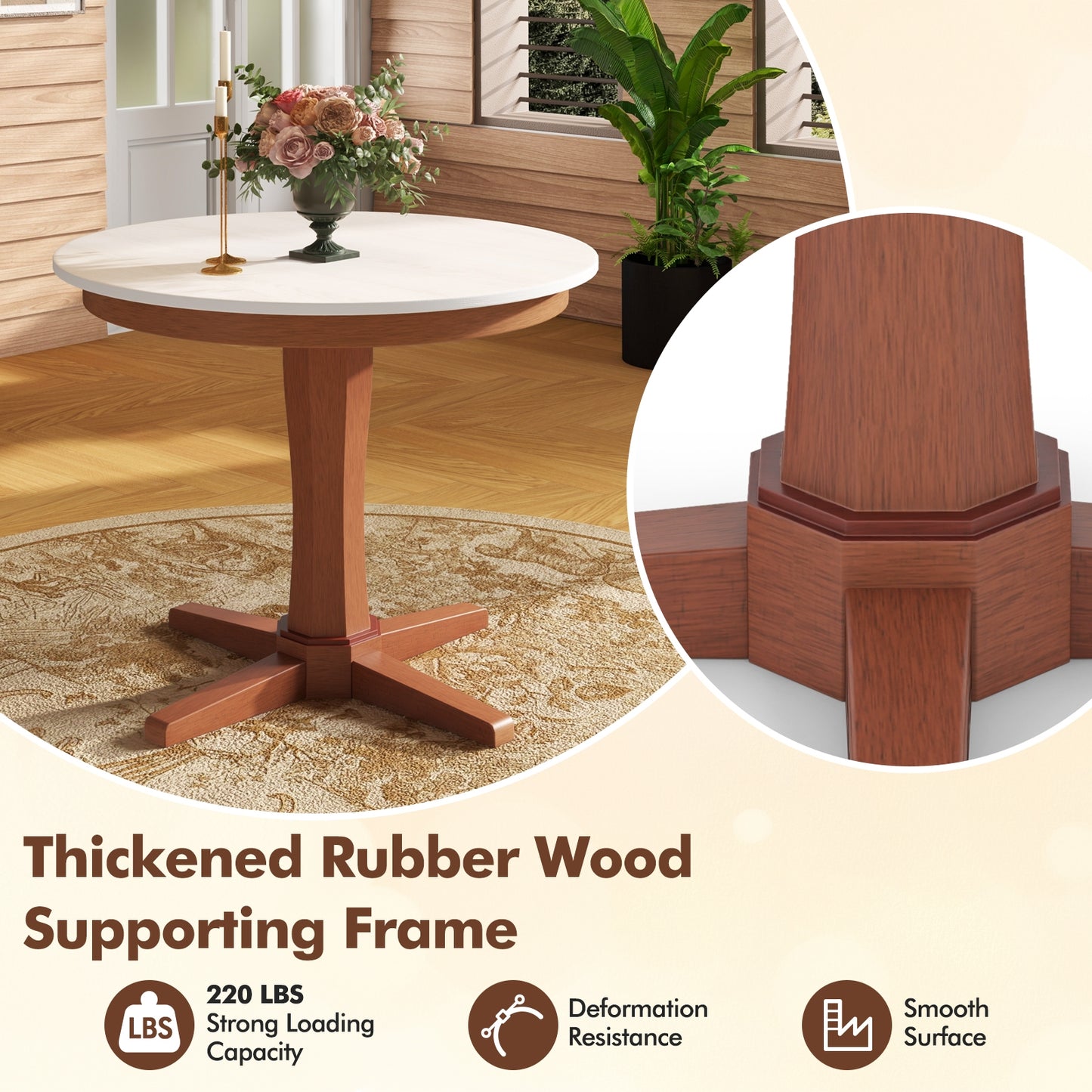 35 Inch Round Table for Dining Room with Stable Pedestal and Wood Finish