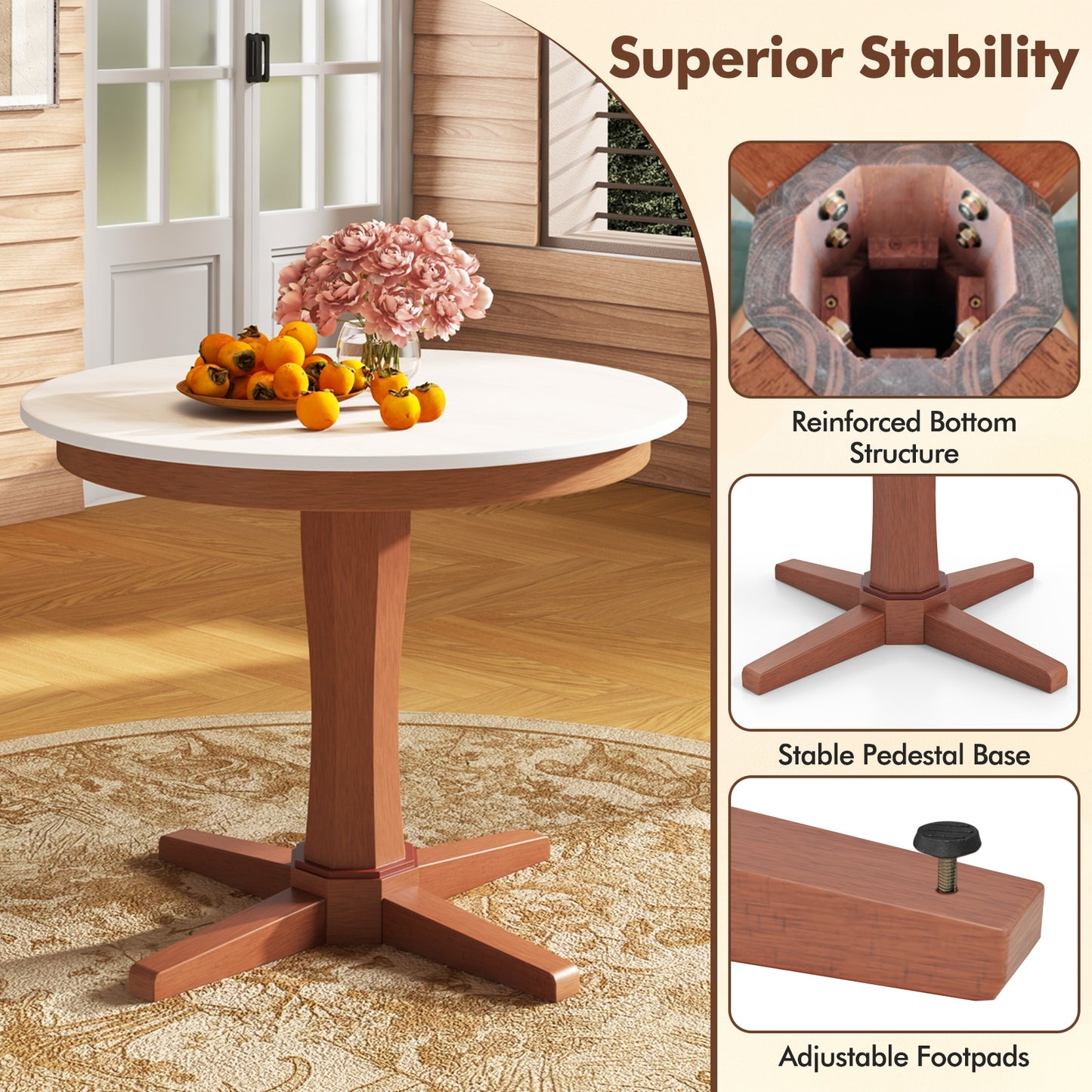35 Inch Round Table for Dining Room with Stable Pedestal and Wood Finish