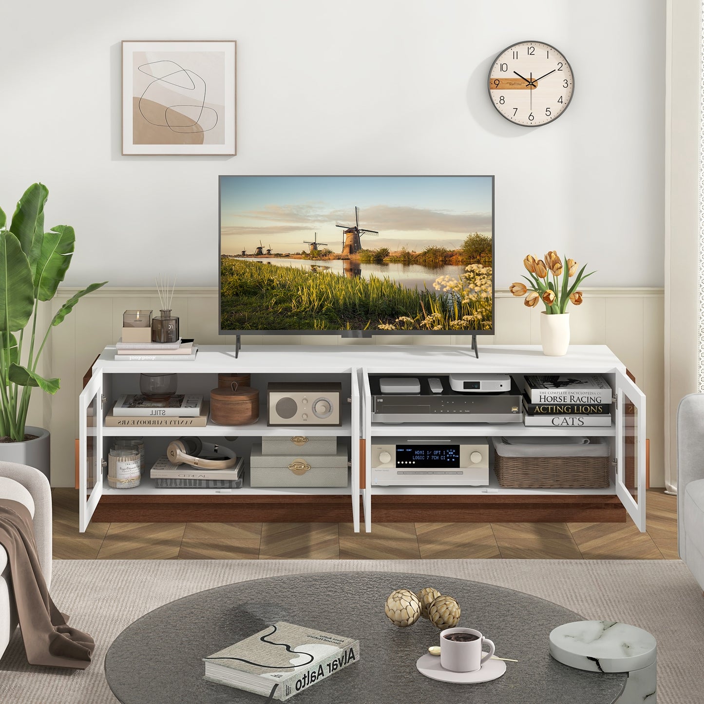 Modern TV Console with 4 Glass Door Cabinets for TVs up to 75 Inches - White