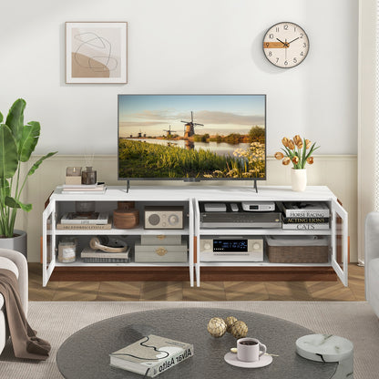 Modern TV Console with 4 Glass Door Cabinets for TVs up to 75 Inches - White