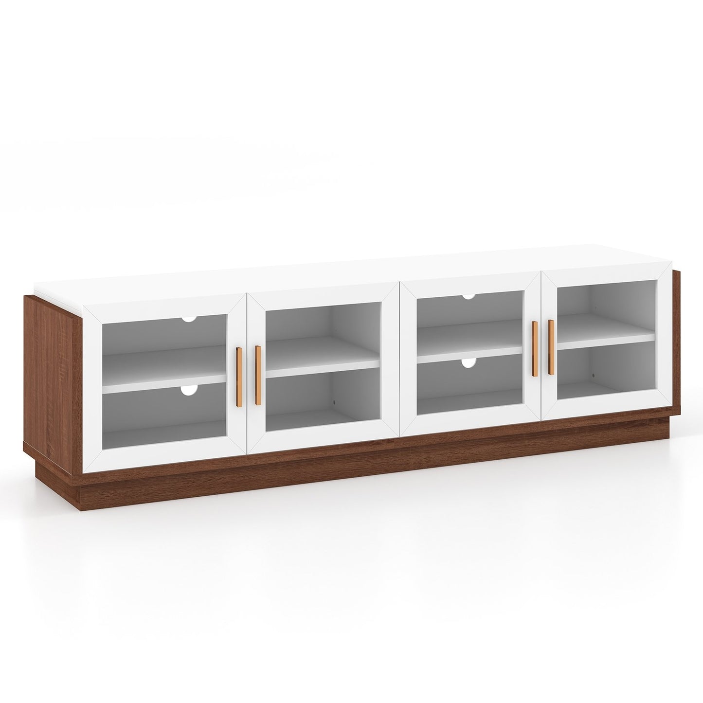 Modern TV Console with 4 Glass Door Cabinets for TVs up to 75 Inches - White