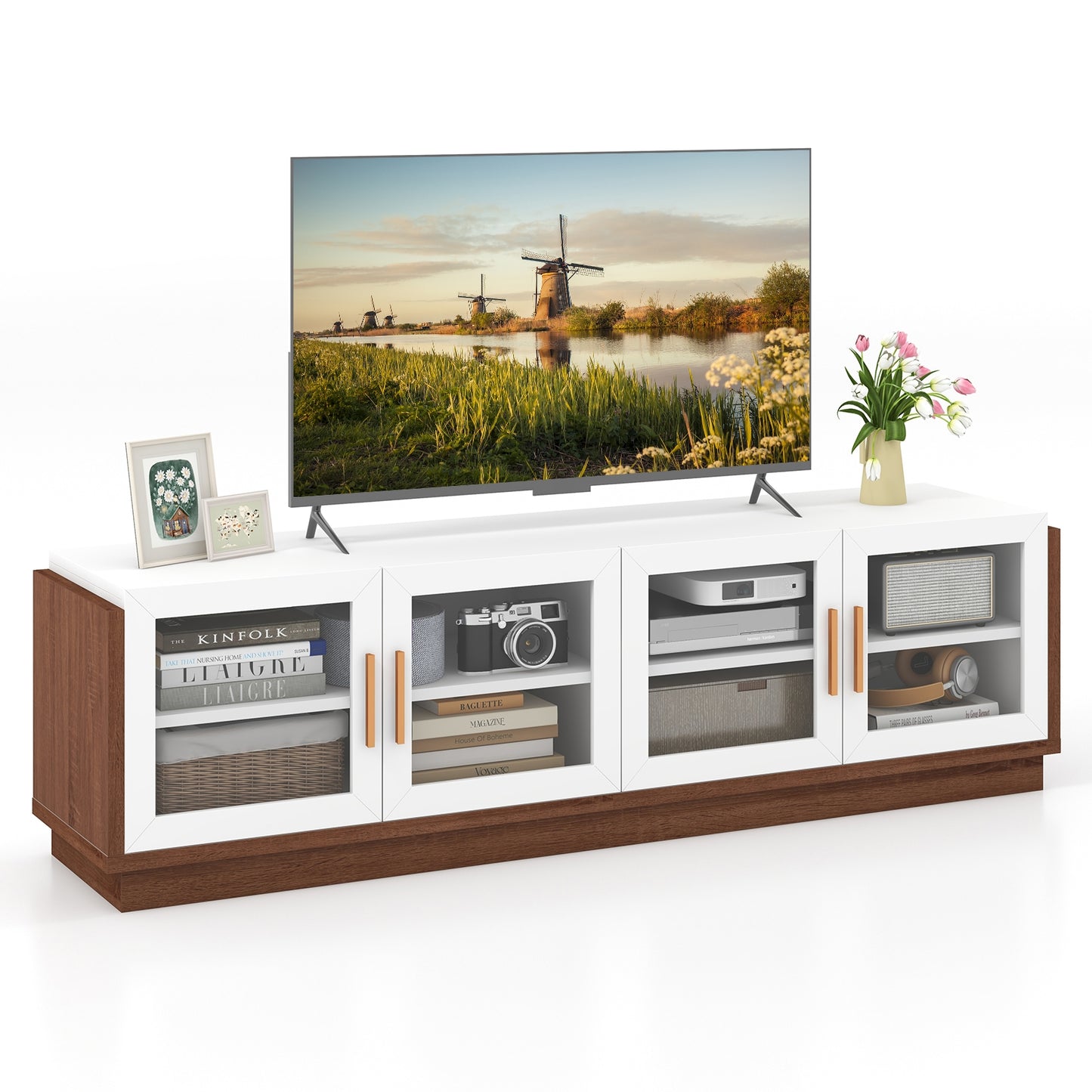 Modern TV Console with 4 Glass Door Cabinets for TVs up to 75 Inches - White