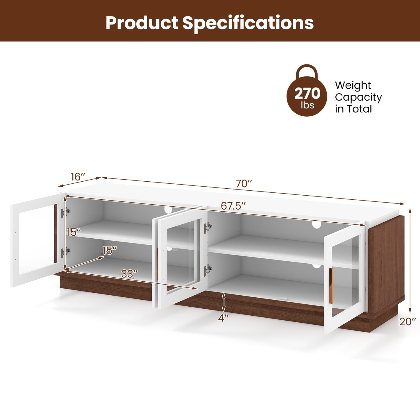 Modern TV Console with 4 Glass Door Cabinets for TVs up to 75 Inches - White