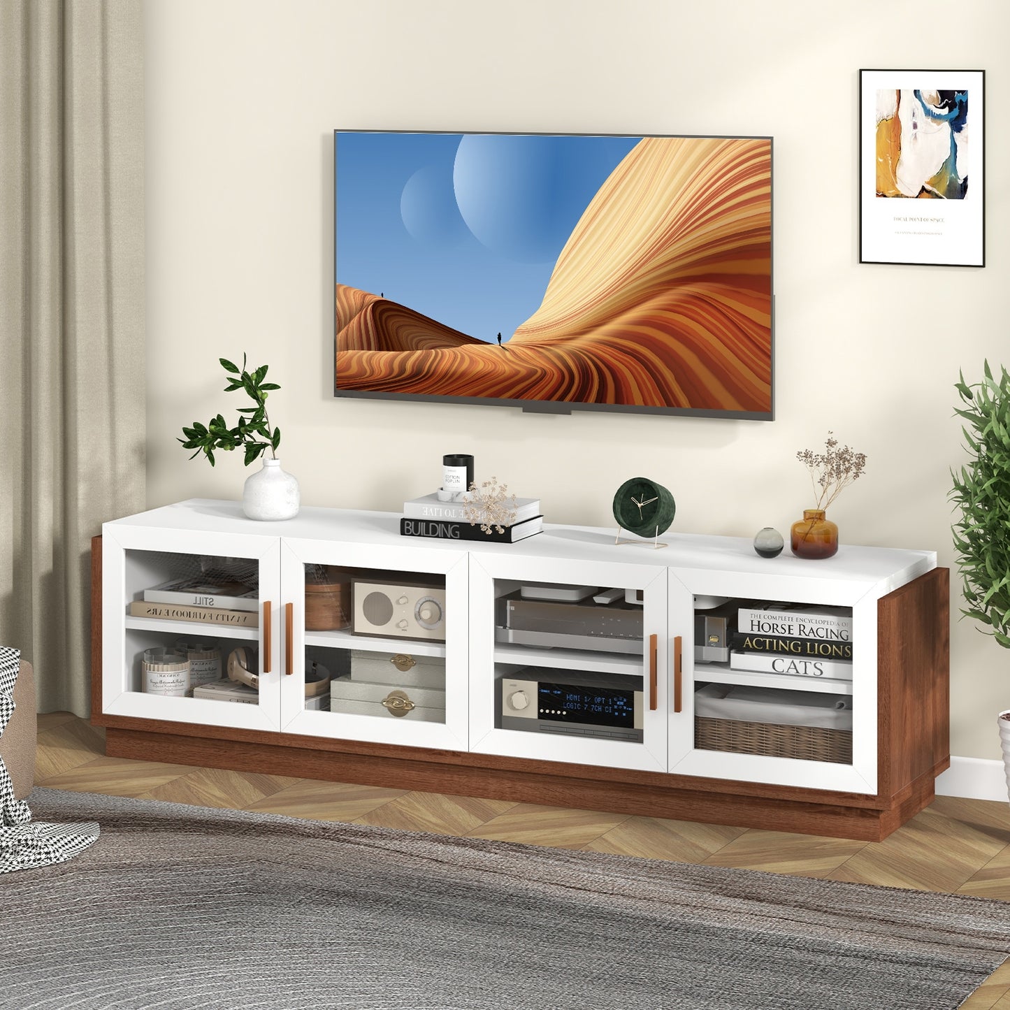 Modern TV Console with 4 Glass Door Cabinets for TVs up to 75 Inches - White