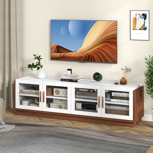 Modern TV Console with 4 Glass Door Cabinets for TVs up to 75 Inches - White