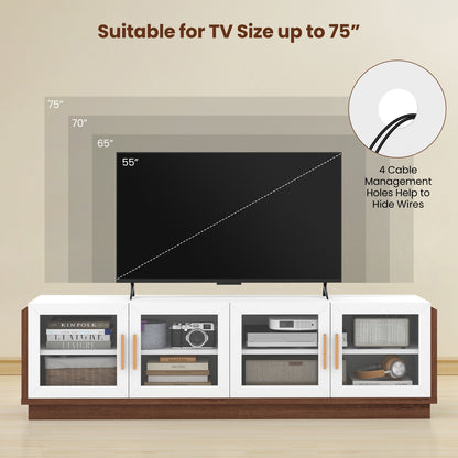 Modern TV Console with 4 Glass Door Cabinets for TVs up to 75 Inches - White