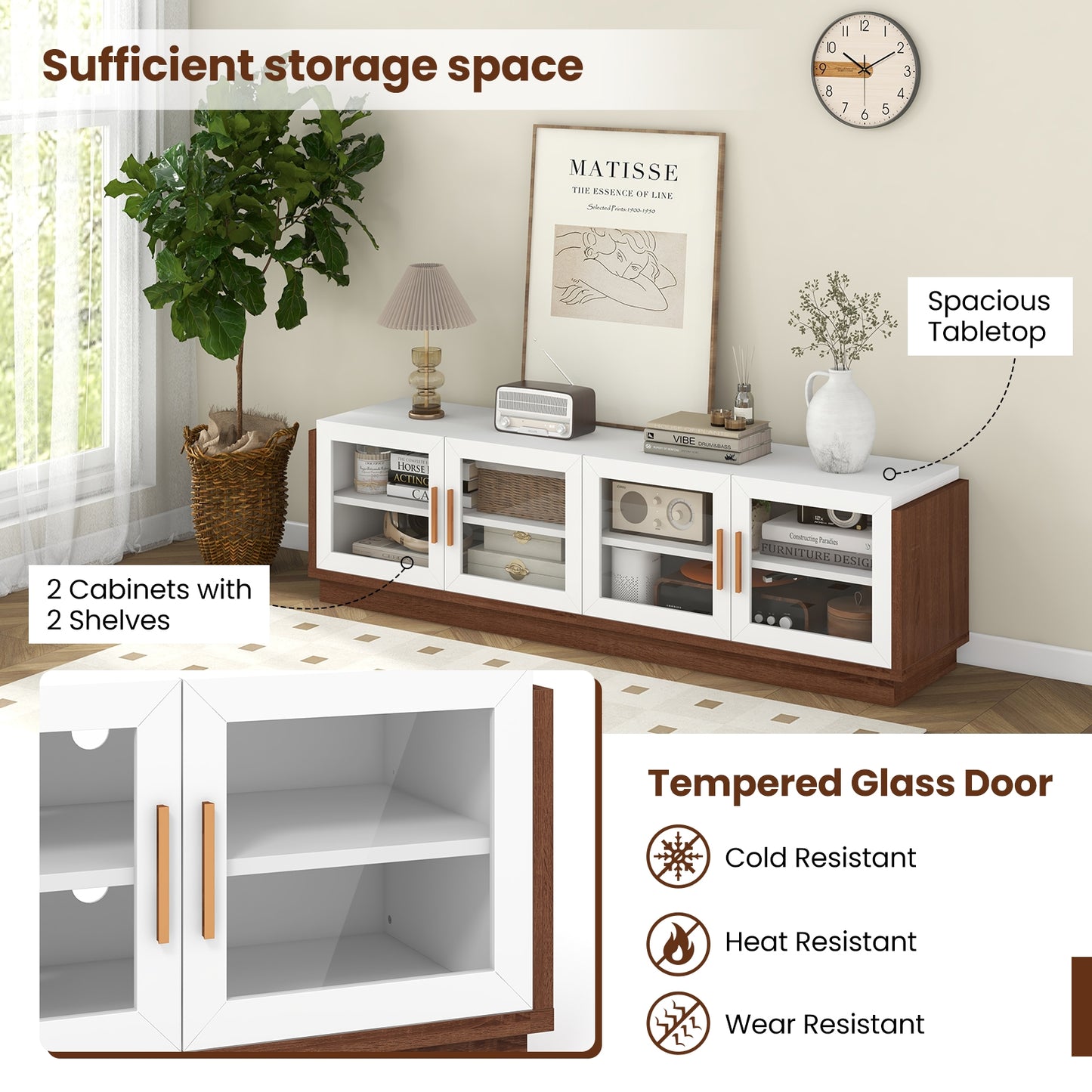 Modern TV Console with 4 Glass Door Cabinets for TVs up to 75 Inches - White