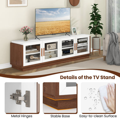 Modern TV Console with 4 Glass Door Cabinets for TVs up to 75 Inches - White