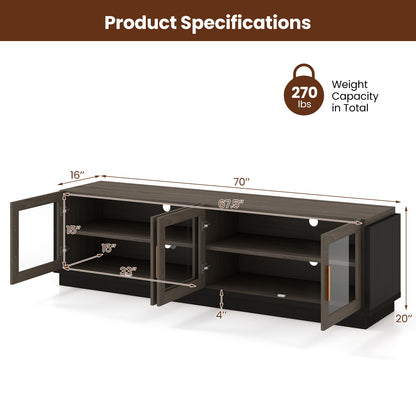 Modern TV Console with 4 Glass Door Cabinets for TVs up to 75 Inches - Grey