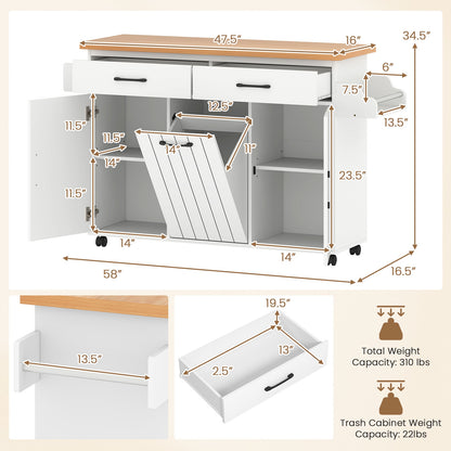 Rolling Kitchen Island Cart with Trash Cabinet Storage Drawers Adjustable Shelves and Spice Rack - White