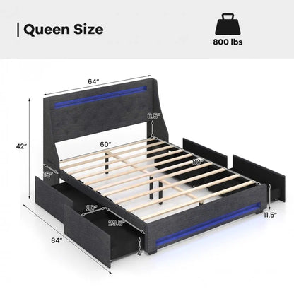 Grey Upholstered Bed Frame with LED Lights, Wingback Headboard, Storage Drawers and Charging Station - Full and Queen Size
