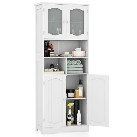 58.5 Inch Freestanding White Linen Cabinet with Frosted Glass Doors & Adjustable Shelves