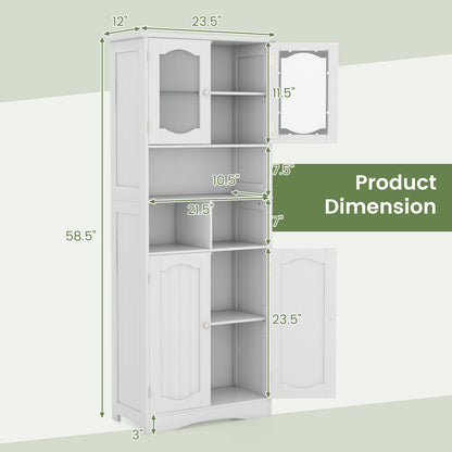 58.5 Inch Freestanding White Linen Cabinet with Frosted Glass Doors & Adjustable Shelves
