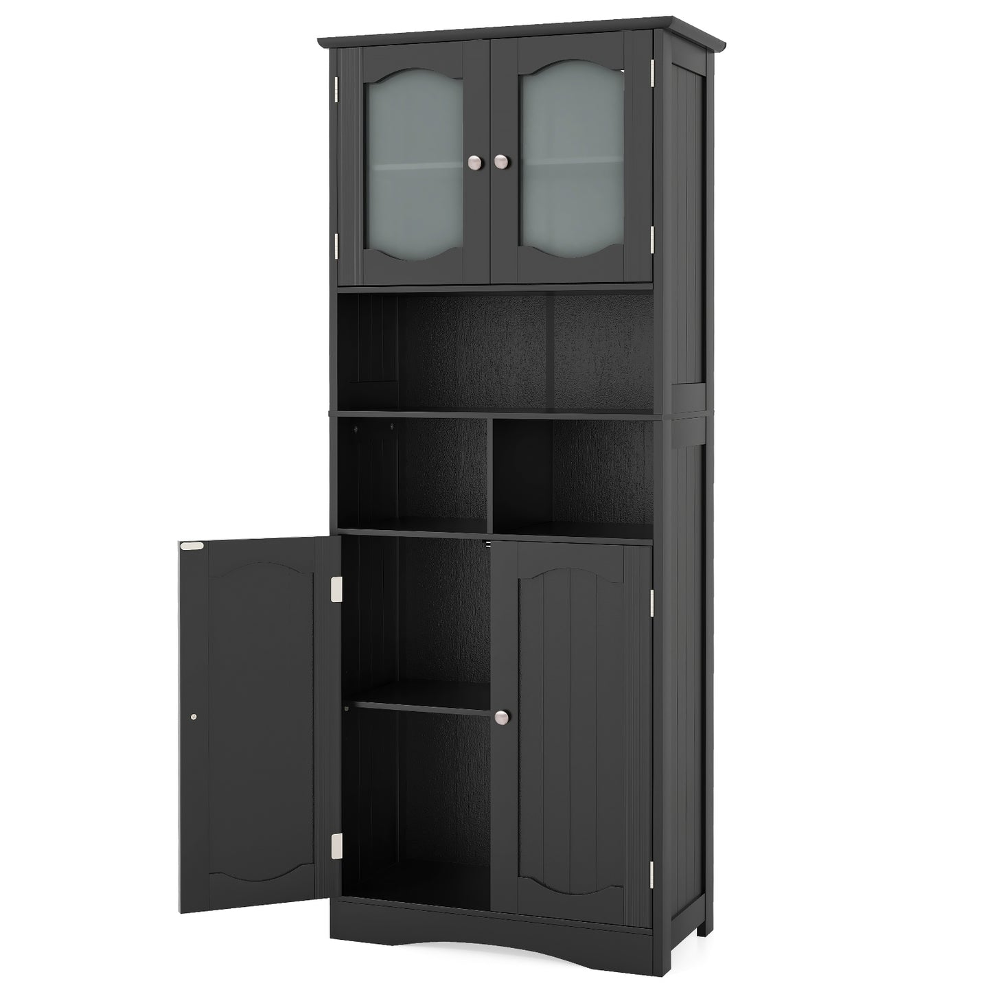 58.5 Inch Freestanding Black Linen Cabinet with Frosted Glass Doors & Adjustable Shelves