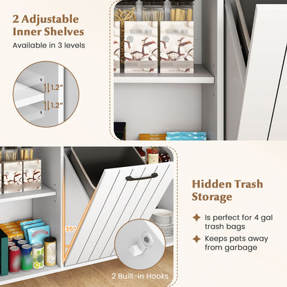 Rolling Kitchen Island Cart with Trash Cabinet Storage Drawers Adjustable Shelves and Spice Rack - White