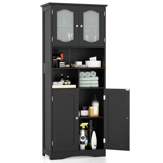 58.5 Inch Freestanding Black Linen Cabinet with Frosted Glass Doors & Adjustable Shelves
