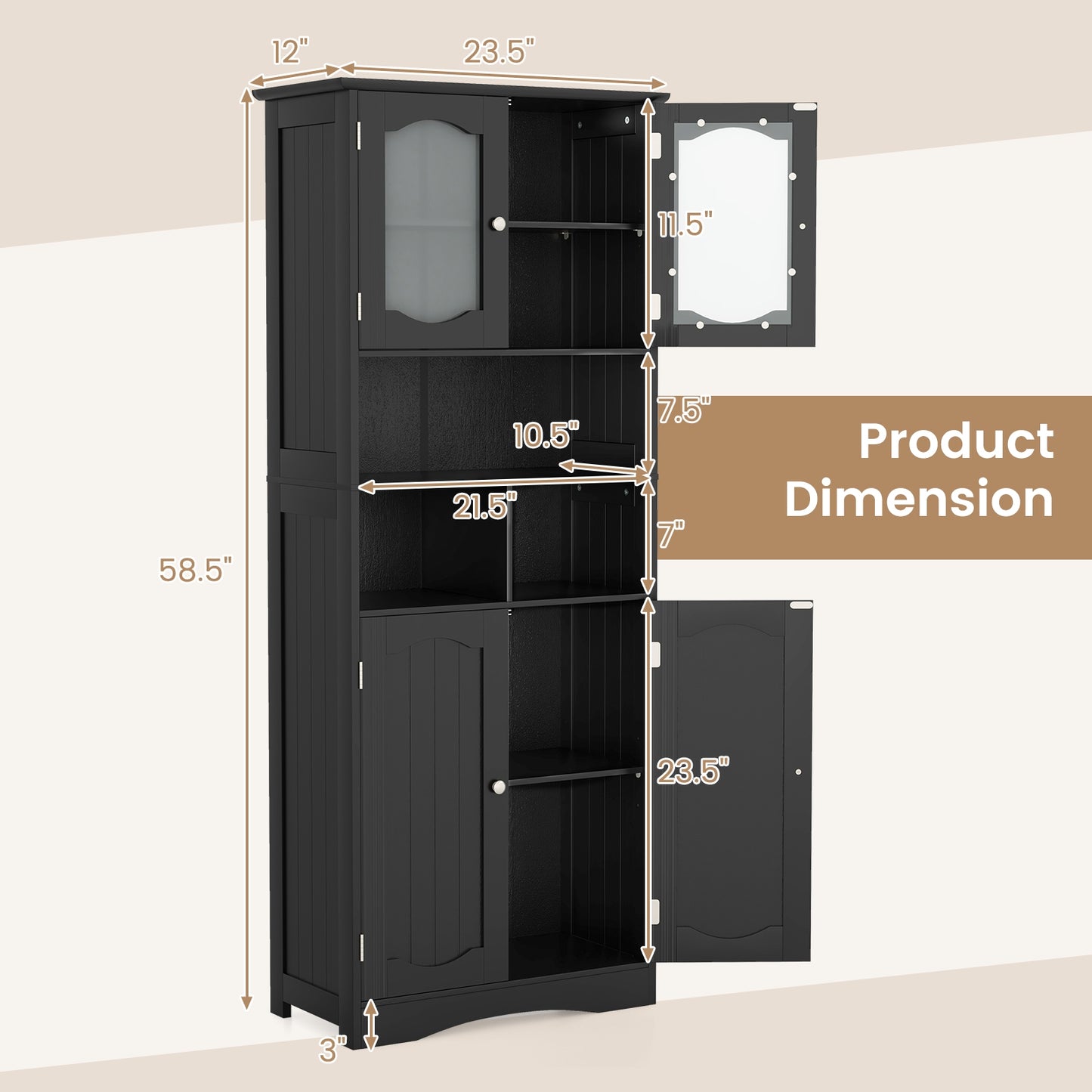 58.5 Inch Freestanding Black Linen Cabinet with Frosted Glass Doors & Adjustable Shelves