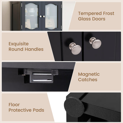 58.5 Inch Freestanding Black Linen Cabinet with Frosted Glass Doors & Adjustable Shelves