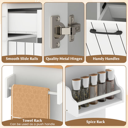 Rolling Kitchen Island Cart with Trash Cabinet Storage Drawers Adjustable Shelves and Spice Rack - White