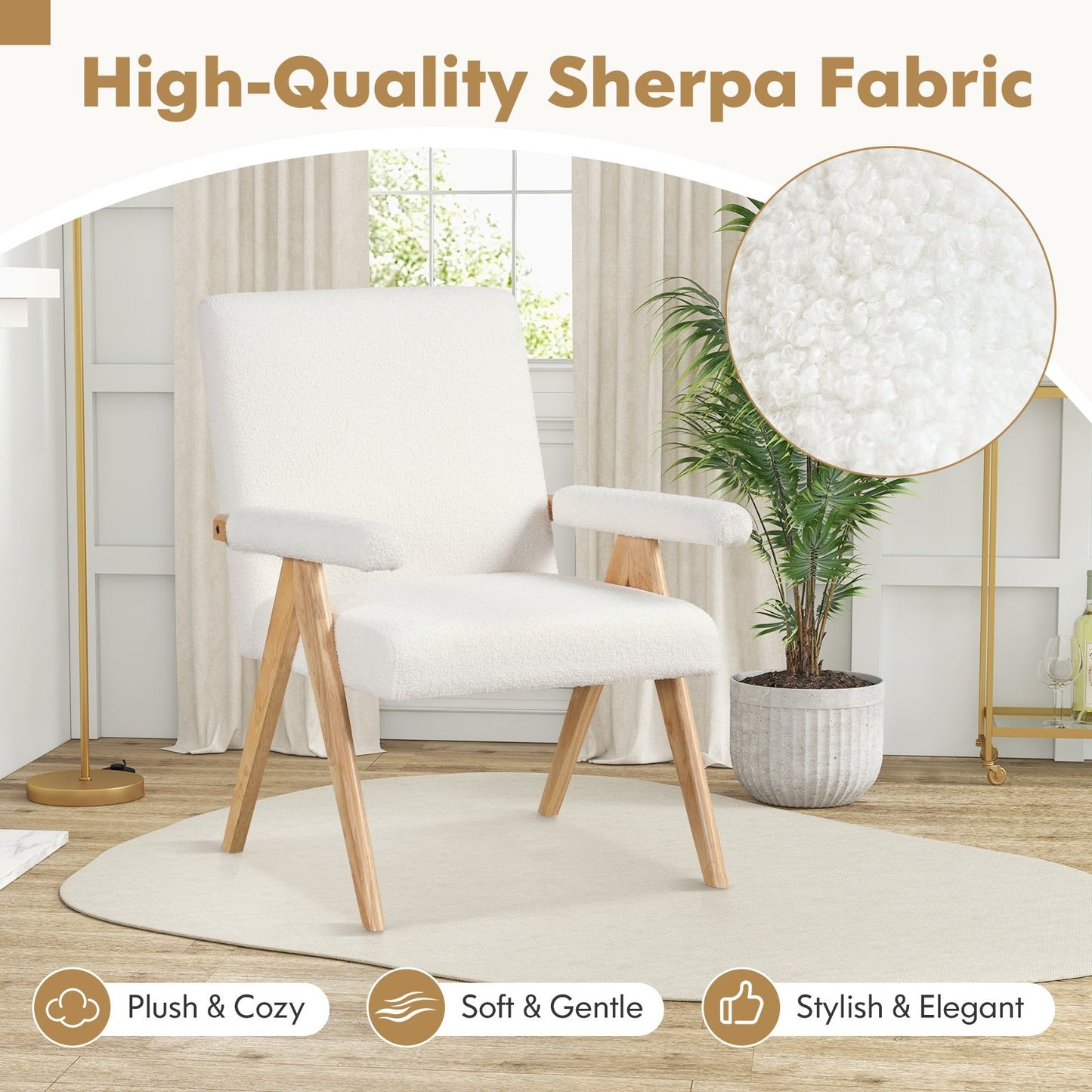 Sherpa Upholstered Accent Chair with Solid Wood Frame, Ergonomic Backrest, and Padded Armrests