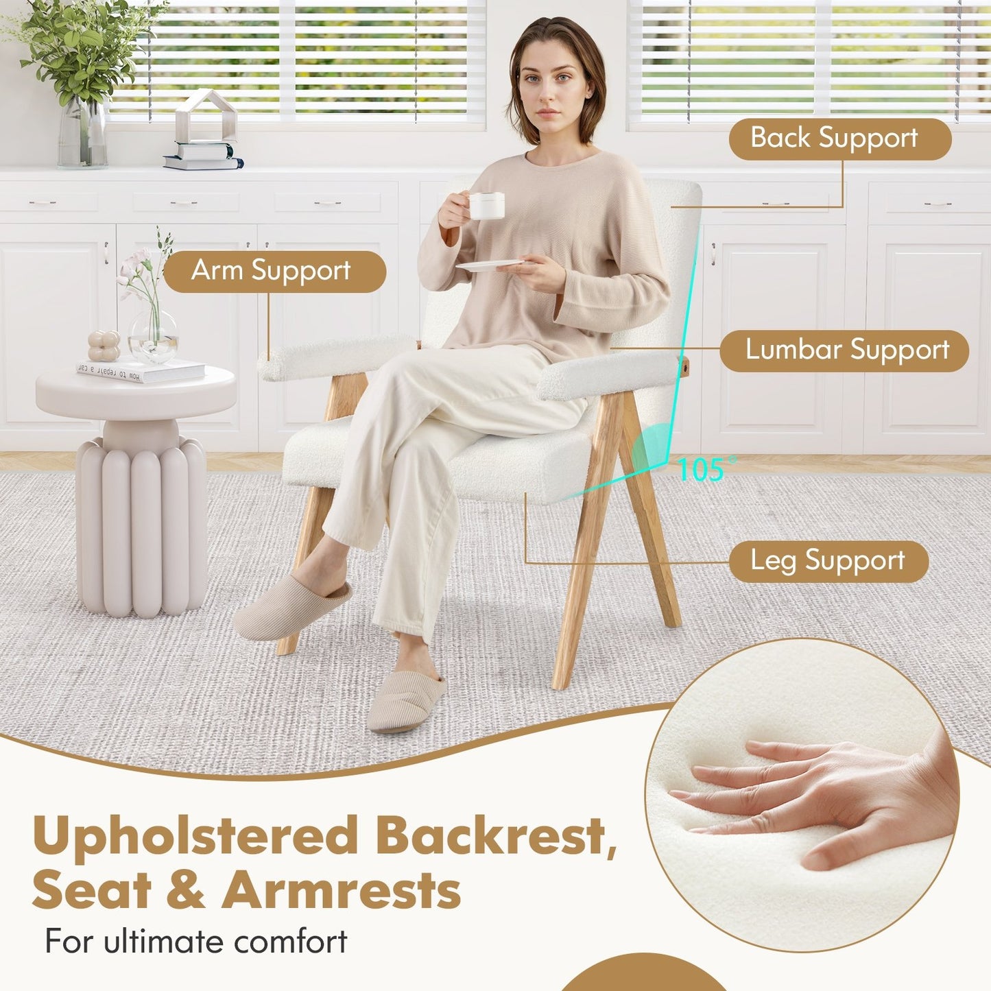 Sherpa Upholstered Accent Chair with Solid Wood Frame, Ergonomic Backrest, and Padded Armrests