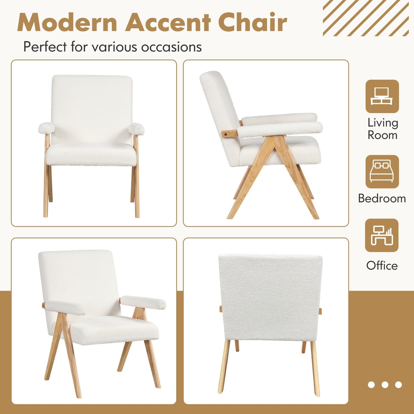 Sherpa Upholstered Accent Chair with Solid Wood Frame, Ergonomic Backrest, and Padded Armrests