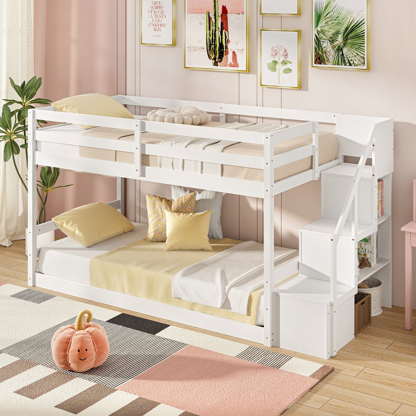 Solid Wood Twin Over Twin Low Bunk Bed with Storage Stairs and Guardrails