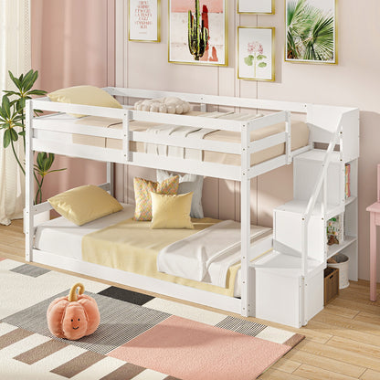 Solid Wood Twin Over Twin Low Bunk Bed with Storage Stairs and Guardrails