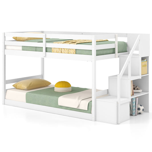 Solid Wood Twin Over Twin Low Bunk Bed with Storage Stairs and Guardrails