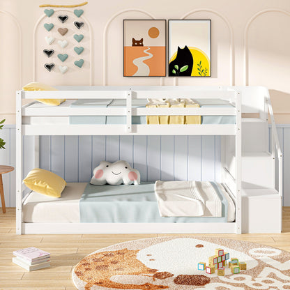 Solid Wood Twin Over Twin Low Bunk Bed with Storage Stairs and Guardrails