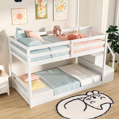 Solid Wood Twin Over Twin Low Bunk Bed with Storage Stairs and Guardrails