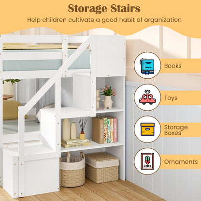 Solid Wood Twin Over Twin Low Bunk Bed with Storage Stairs and Guardrails