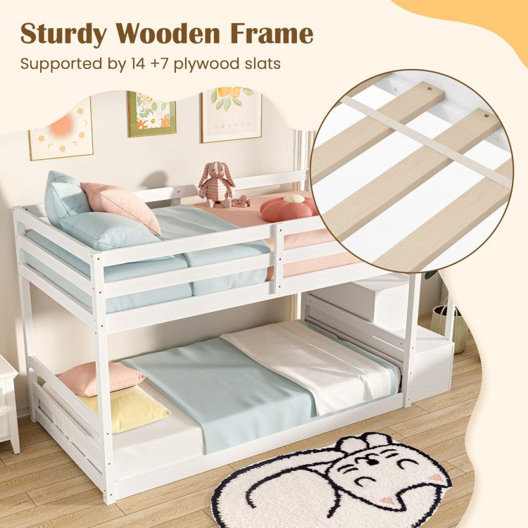 Solid Wood Twin Over Twin Low Bunk Bed with Storage Stairs and Guardrails