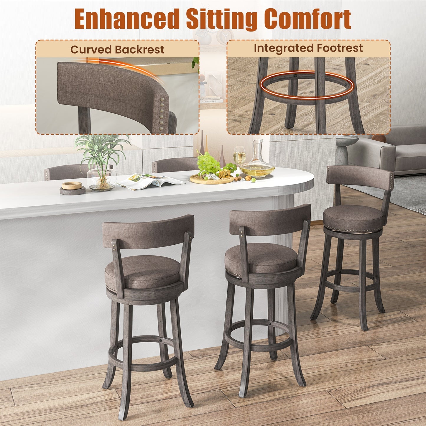 360° Swivel Counter Height Chairs Set of 2 with Rubber Wood Frame and Upholstered Seat – 31 Inch