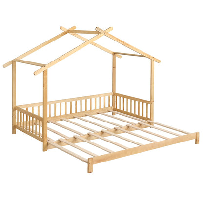 Convertible House-Shaped Twin to King Daybed with Roof and Safety Rails – Natural